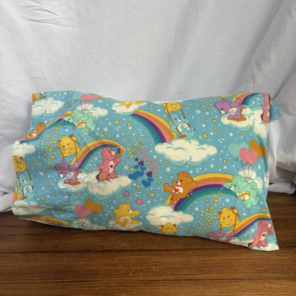 Handmade Care Bears Pillowcase Rainbow Clouds Hearts Blue 17x11 Kids Bedding